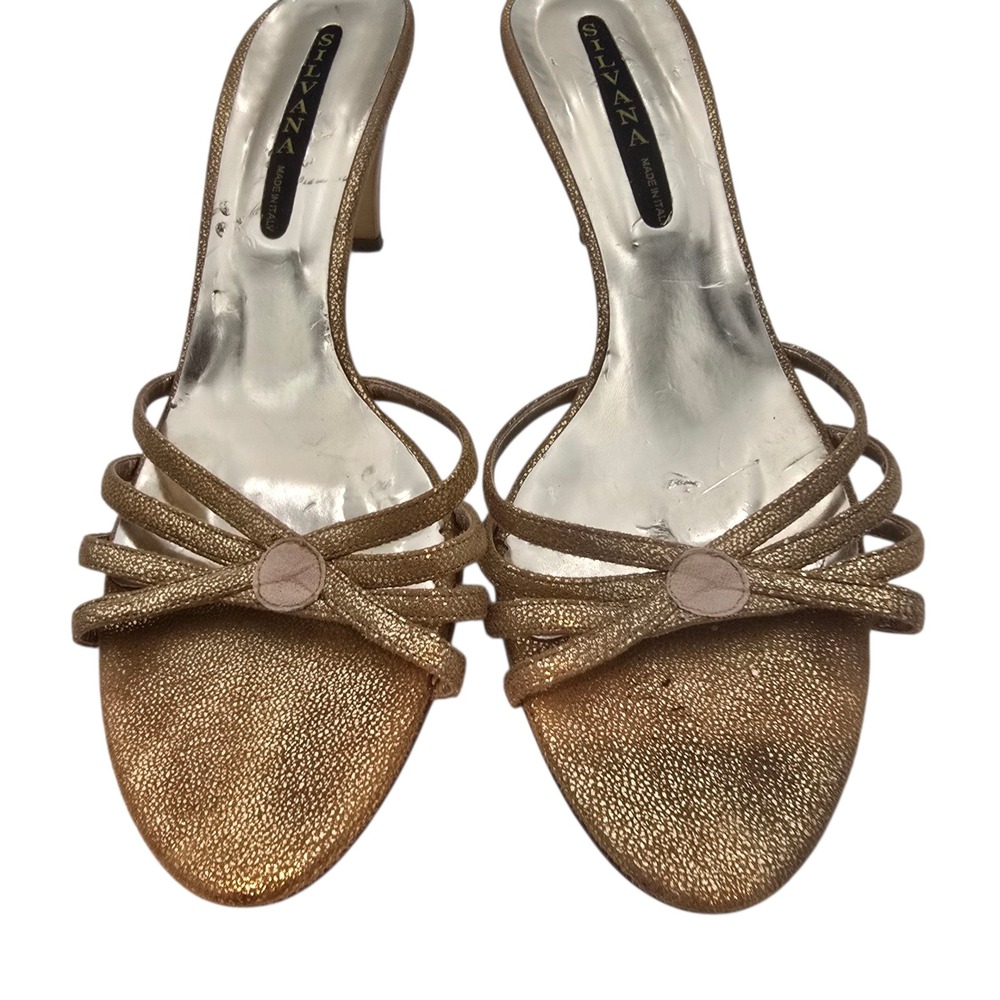 Silvana Made Italy Gold Strappy Heels 40/9.5 Leather Sole Evening Sandals‎ Gala